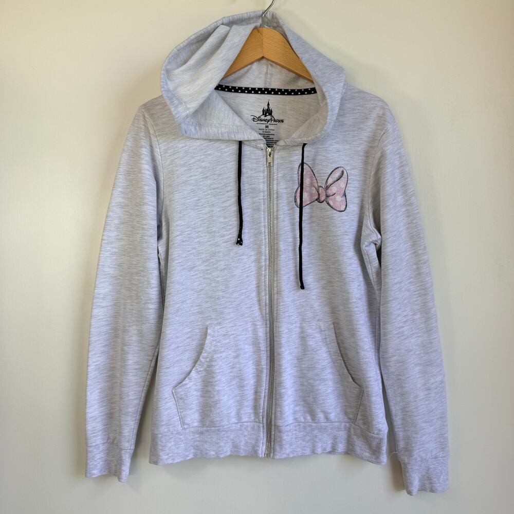 Disney Parks Minnie Mouse Pink Bow Full Zip Gray Hoodie Jacket Polka Dot Medium